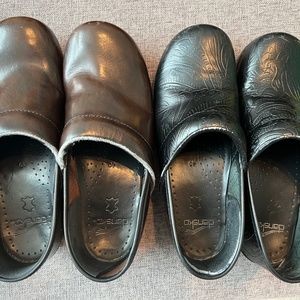 Dansko Shoes, clogs, brown and black pairs